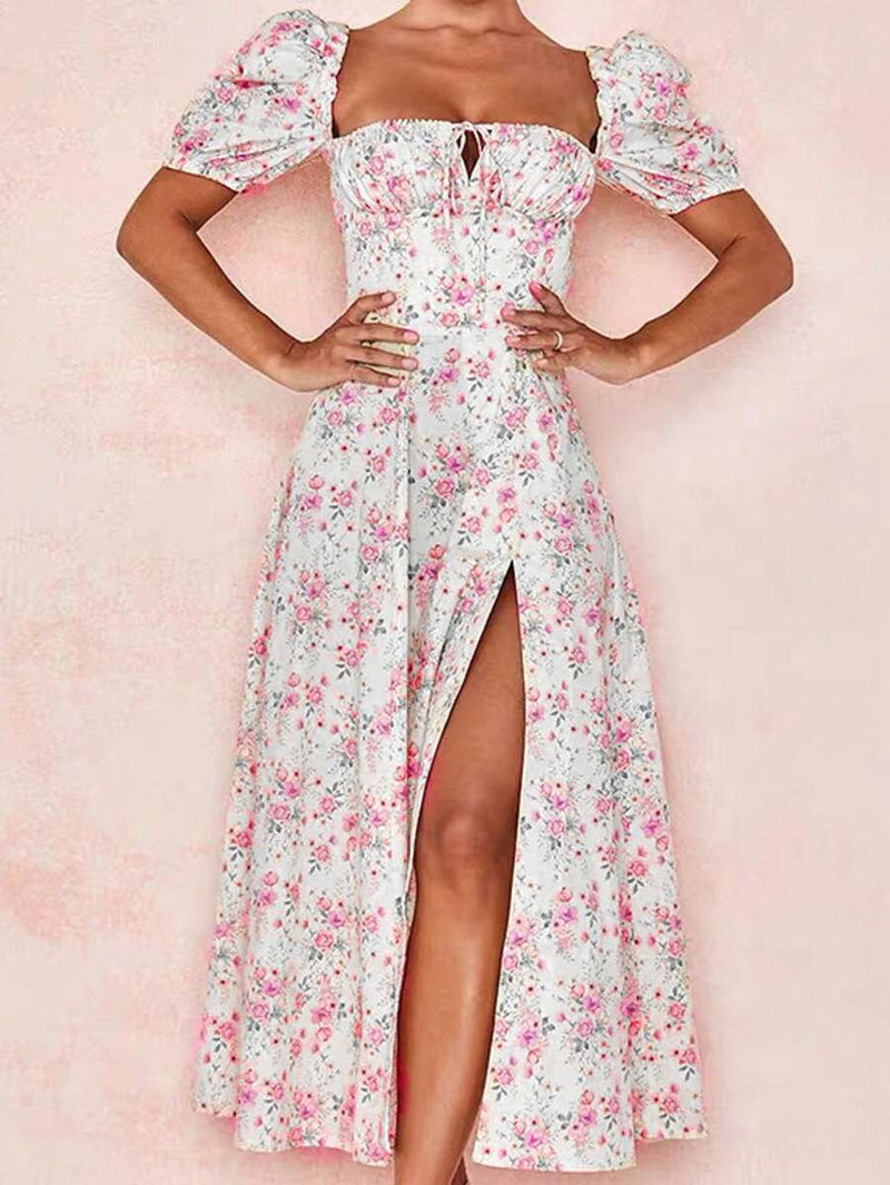 Vestido estampado floral feminino com decote quadrado Vestidos franceses com bainha dividida Elegante e sexy Bellizzi 