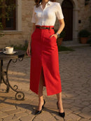 Saia Midi Feminina com Cinto e Fenda de Poliéster Casual