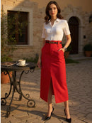 Saia Midi Feminina com Cinto e Fenda de Poliéster Casual