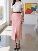 Saia Midi Feminina com Cinto e Fenda de Poliéster Casual