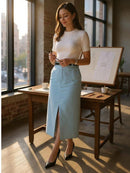 Saia Midi Feminina com Cinto e Fenda de Poliéster Casual