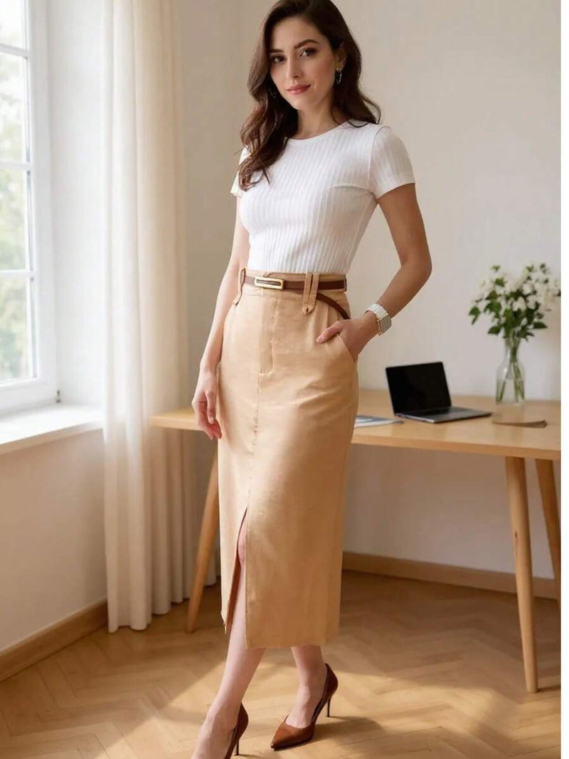 Saia Midi Com Cinto Fenda Cintura Alta Bellizzi 