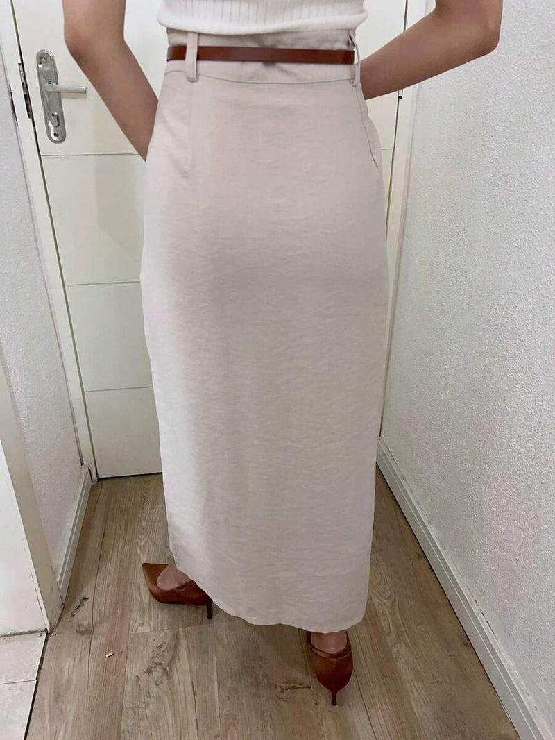 Saia Midi Feminina com Cinto e Fenda de Poliéster Casual