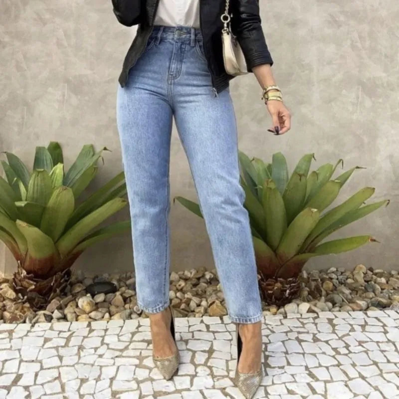 Calça Jeans Feminina Azul Claro 100% Algodão Cintura Alta Mom Fit Bellizzi 