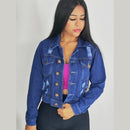 Jaqueta Jeans Feminina Azul com Lycra Cropped Manga Longa Bufante Bellizzi 