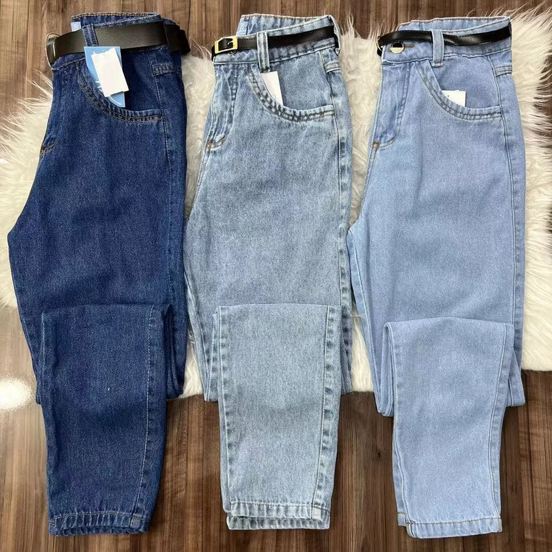 Calça Jeans Mom Feminina Jeans Sem Elastano com Cinto Casual Bellizzi 