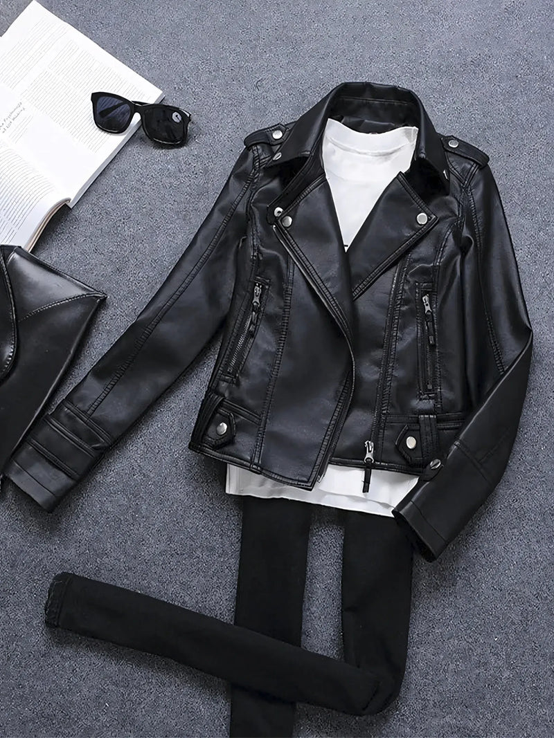 Jaqueta Feminina de Couro PU Slim Fit com Zíper Casual Bellizzi 