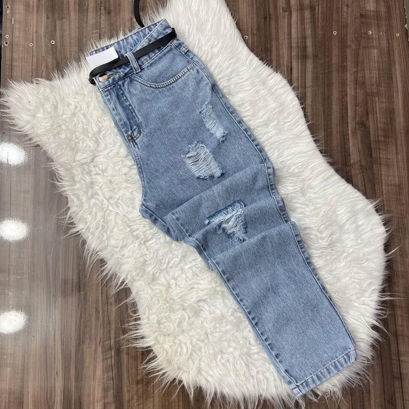 Calça Jeans Mom Feminina Jeans Sem Elastano com Cinto Casual Bellizzi 