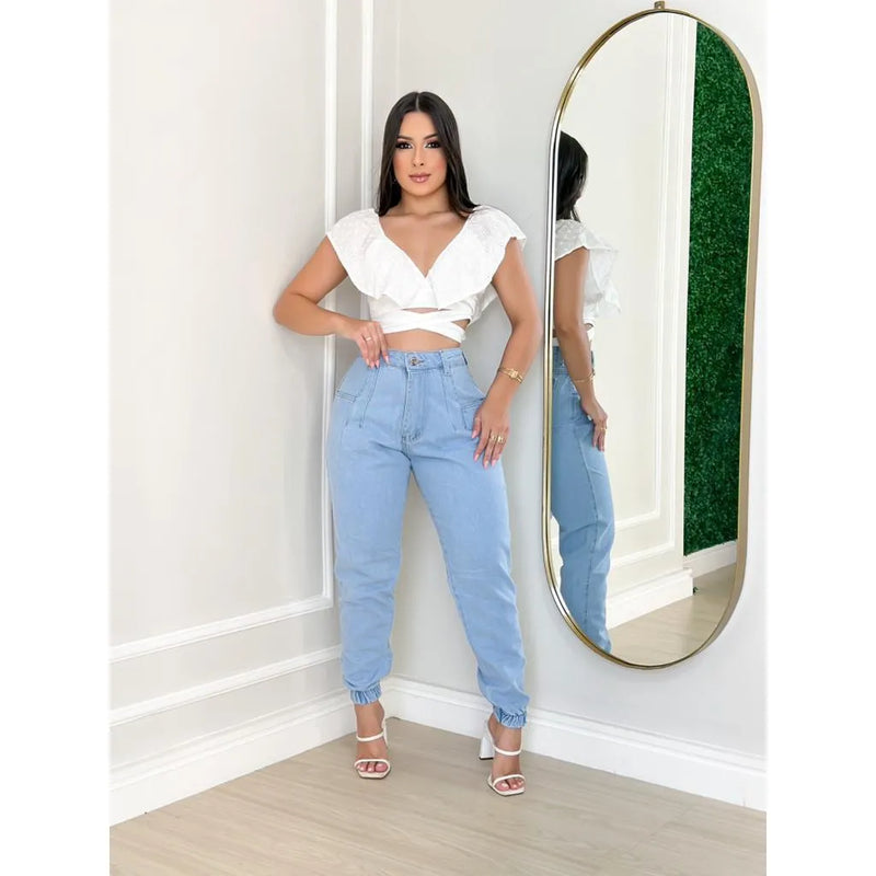 Calça Jeans Jogger Feminina de Algodão Cintura Alta Bellizzi 