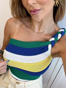 Cropped Feminino Listrado Tricô Modal Um Ombro Só Estilo Casual Bellizzi 