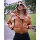 Jaqueta Puffer Feminina de Couro Sintético Cropped com Gola Alta Bellizzi 