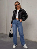 Jaqueta Feminina Preta de Couro com Zíper e Botões Estilo Urbano Bellizzi 