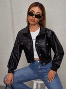 Jaqueta Feminina Preta de Couro com Zíper e Botões Estilo Urbano Bellizzi 