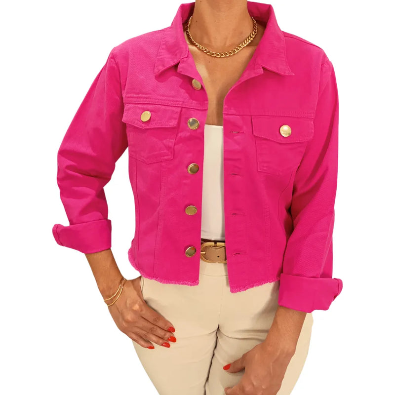 Jaqueta Feminina de Algodão Jeans Cropped Barra Desfiada Bellizzi 
