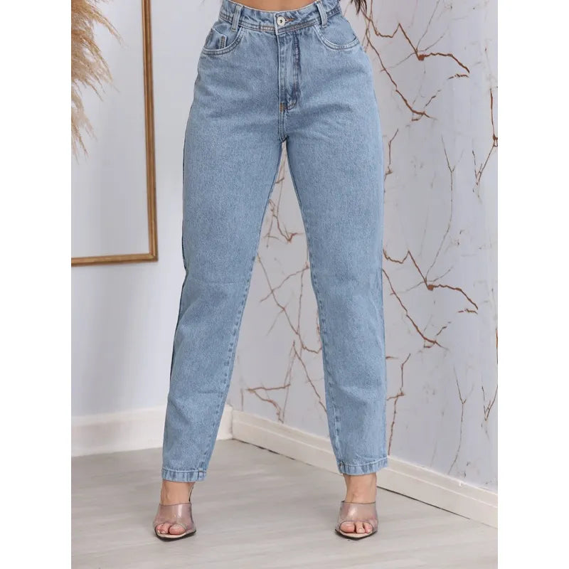 Calça Jeans Feminina Azul Claro 100% Algodão Cintura Alta Mom Fit Bellizzi 