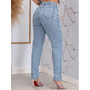 Calça Jeans Feminina Azul Claro 100% Algodão Cintura Alta Mom Fit Bellizzi 