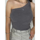 Cropped Feminino Listrado Tricô Modal Um Ombro Só Estilo Casual Bellizzi 