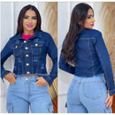 Jaqueta Jeans Feminina Azul com Lycra Cropped Manga Longa Bufante Bellizzi 