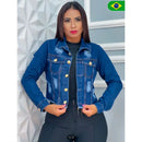 Jaqueta Jeans Feminina Azul com Lycra Cropped Manga Longa Bufante Bellizzi 