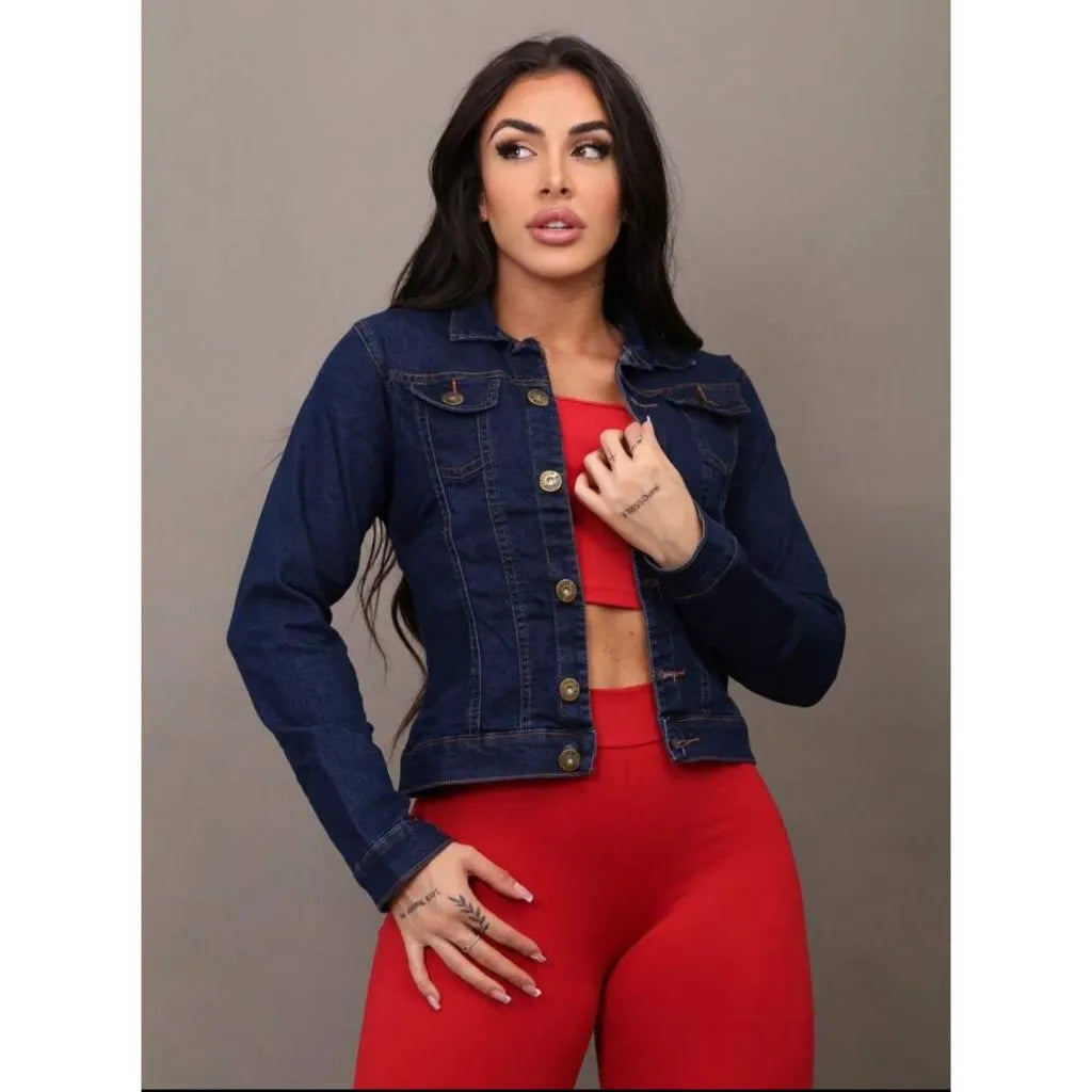 Jaqueta Jeans Feminina Cropped com Manga Longa e Lycra – Estilo e Conforto Bellizzi 