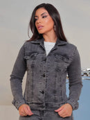 Jaqueta Jeans Feminina Azul com Lycra Cropped Manga Longa Bufante Bellizzi 