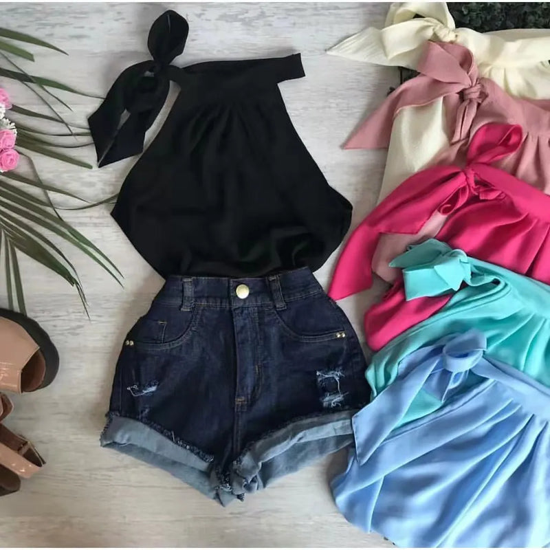 Blusa Regata Feminina Branca em Crepe Gola Alta com Laço Bellizzi 